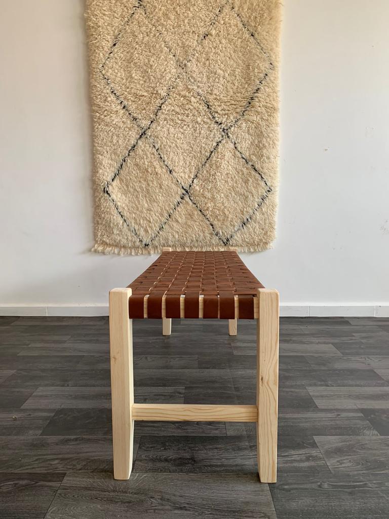 Teak Woven Leather, Benches Woven Leather Stool, Woven Natural, Leather Strap Bench, Saddle, -HANDMADE, Entryway bench, and of bed benchE