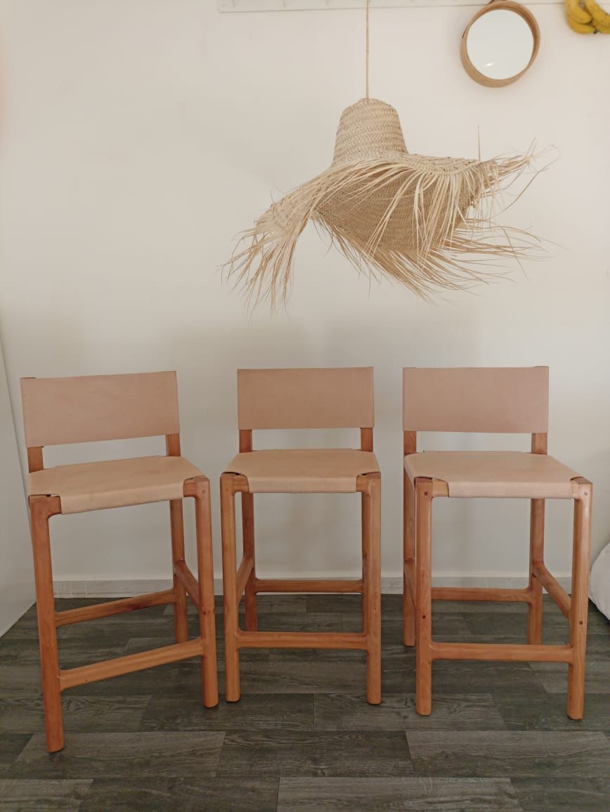 Counter Stools, Height Stool Kitchen, Saddle Seat, chair In Wood And braided Woven Leather, dining chair, bar furniture, Barstuhl Barhocker