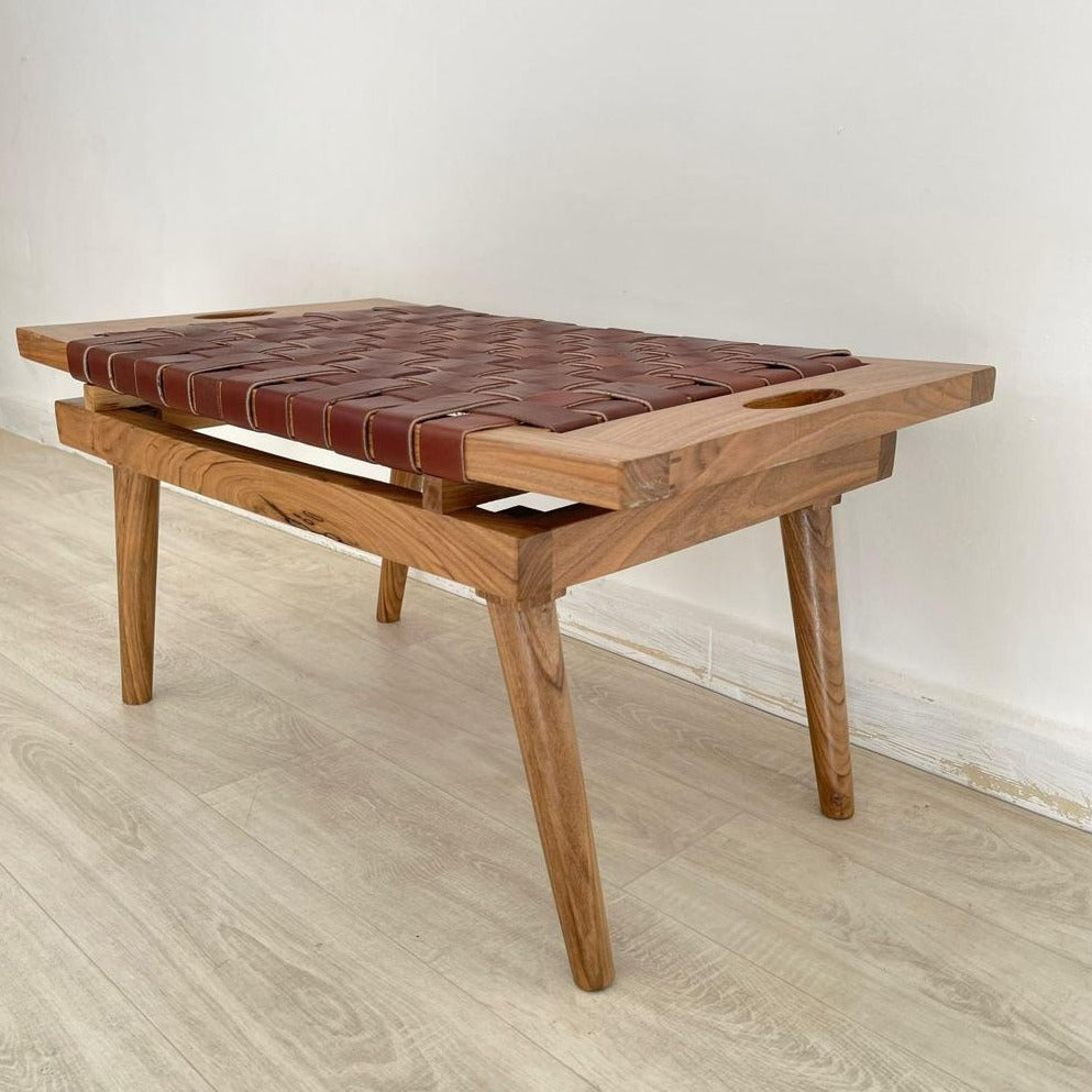 Teak Woven Leather, Benches Woven Leather Stool, Woven Natural, Leather Strap Bench, Saddle, -HANDMADE, Entryway bench, and of bed benchE