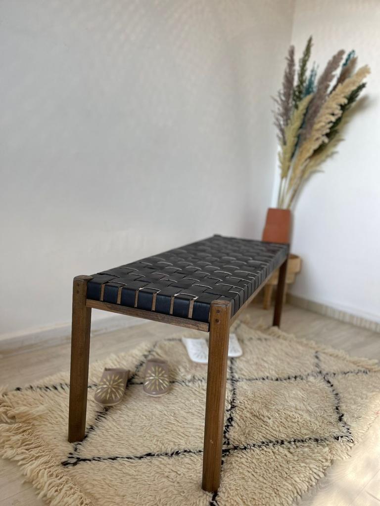 Woven Natural, Leather Strap Bench, Saddle, -HANDMADE, Entryway bench, and of bed benche, Teak Woven Leather, Benches Woven Leather Stool