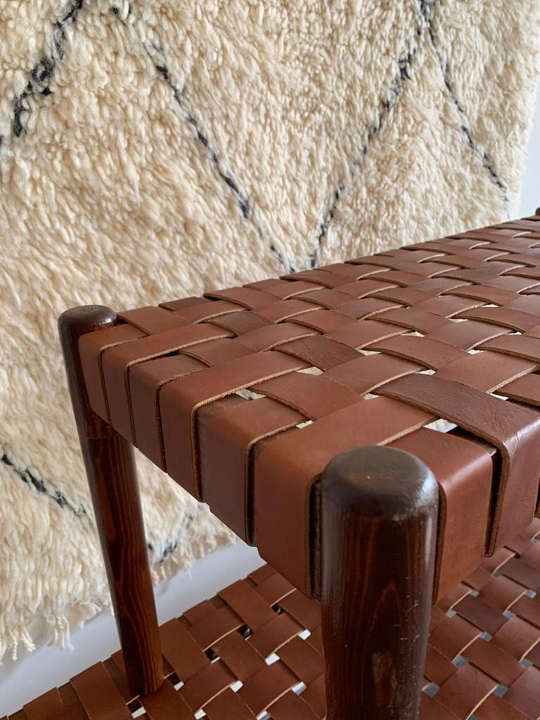 Teak Woven Leather, Benches Woven Leather Stool, Woven Natural, Leather Strap Bench, Saddle, -HANDMADE, Entryway bench, and of bed benchE