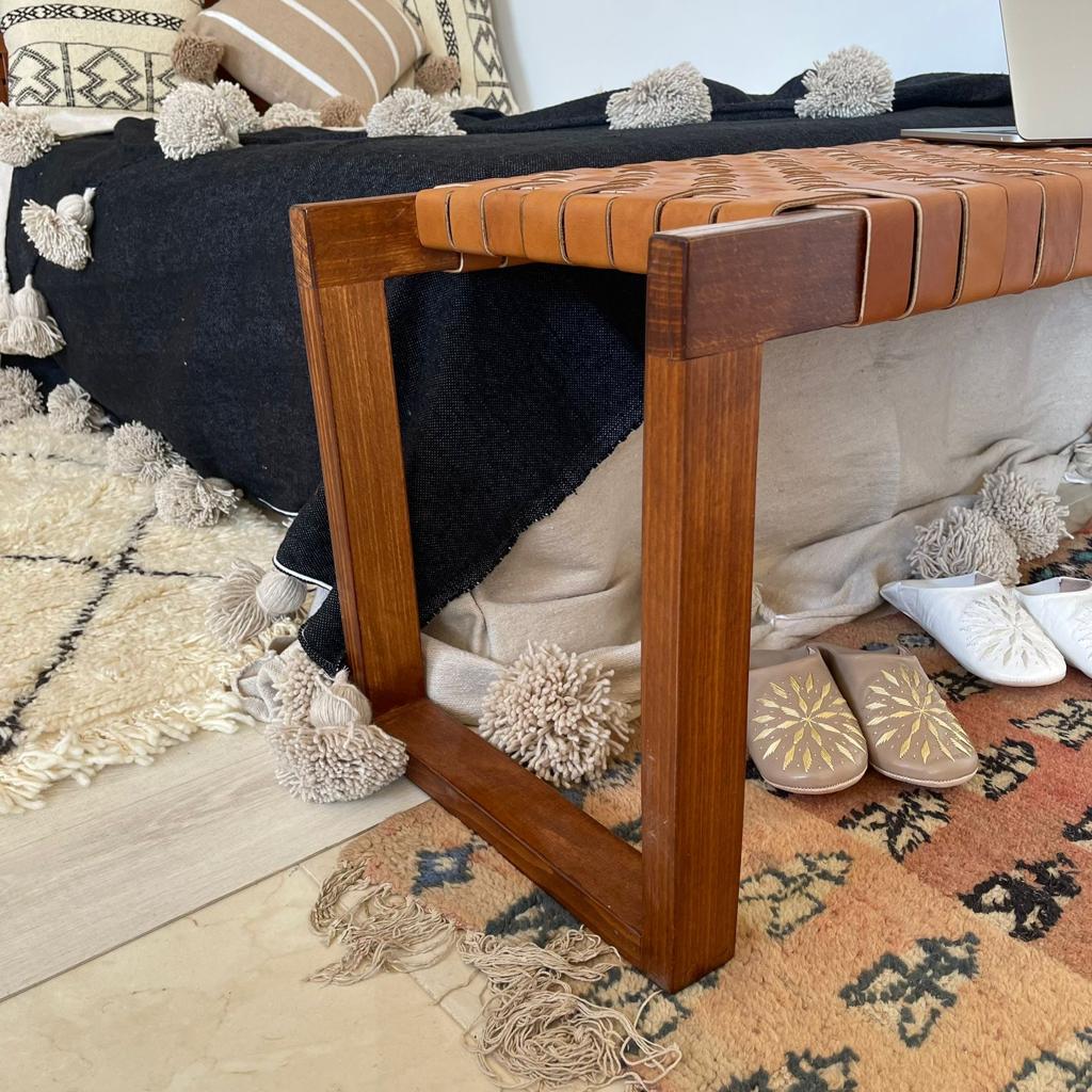 Teak Woven Leather, Benches Woven Leather Stool, Woven Natural, Leather Strap Bench, Saddle, -HANDMADE, Entryway bench, and of bed benchE
