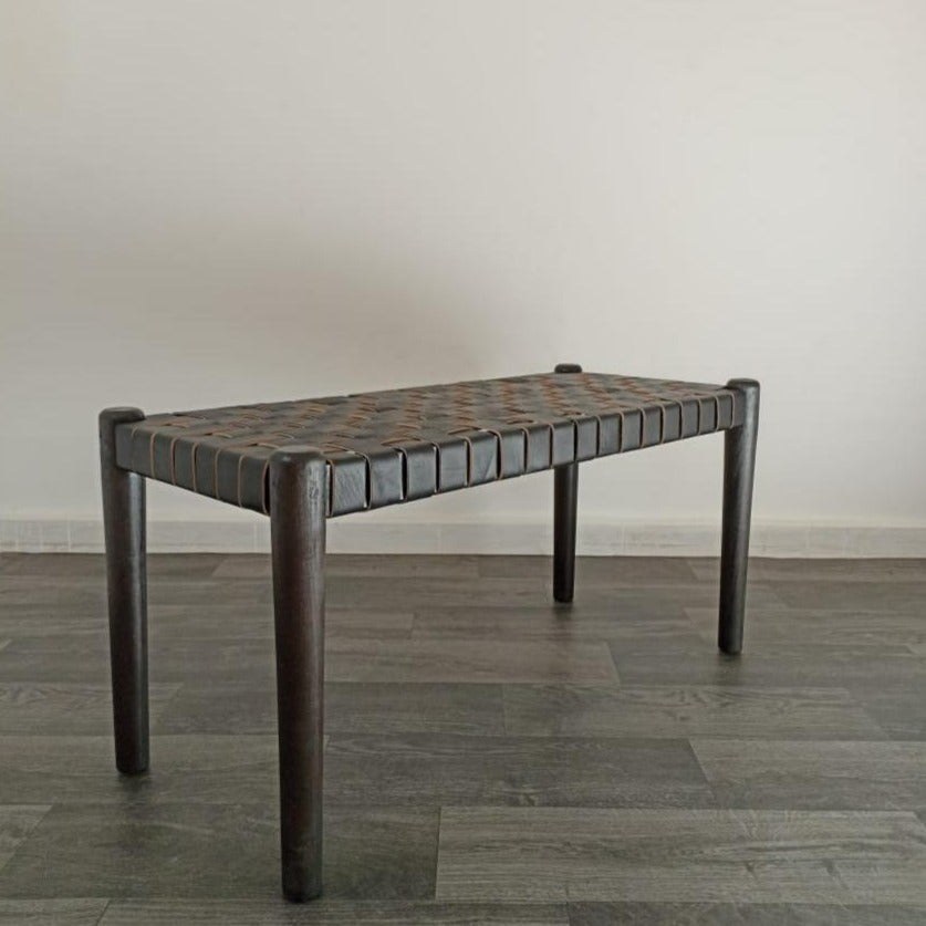 Woven Natural, Leather Strap Bench, Saddle, -HANDMADE, Entryway bench, and of bed benche, Teak Woven Leather, Benches Woven Leather Stool