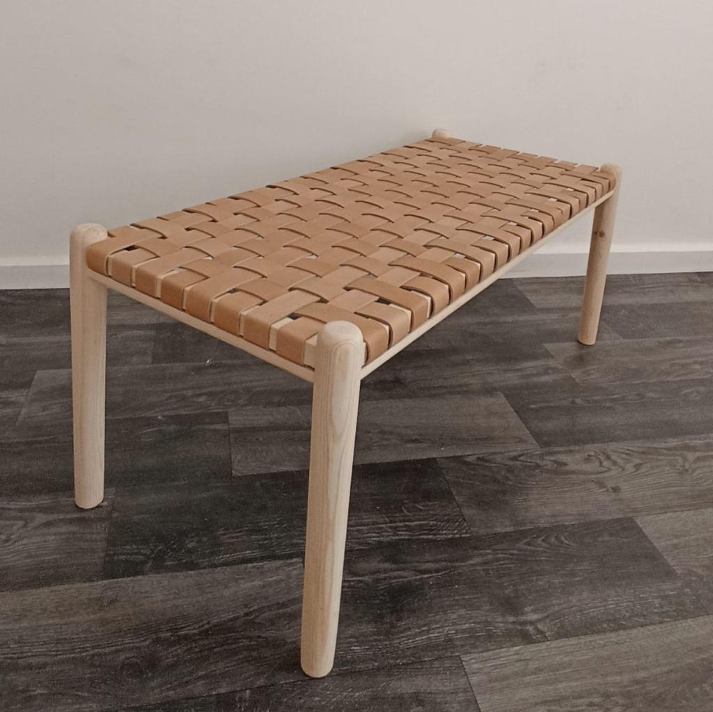 Woven Natural, Leather Strap Bench, Saddle, -HANDMADE, Entryway bench, and of bed benche, Teak Woven Leather, Benches Woven Leather Stool