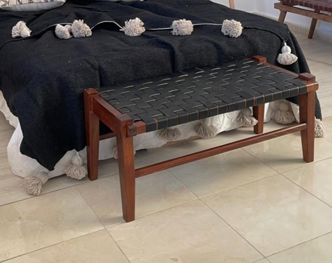 Woven Natural, Leather Strap Bench, Saddle, -HANDMADE, Entryway bench, and of bed benche, Teak Woven Leather, Benches Woven Leather Stool