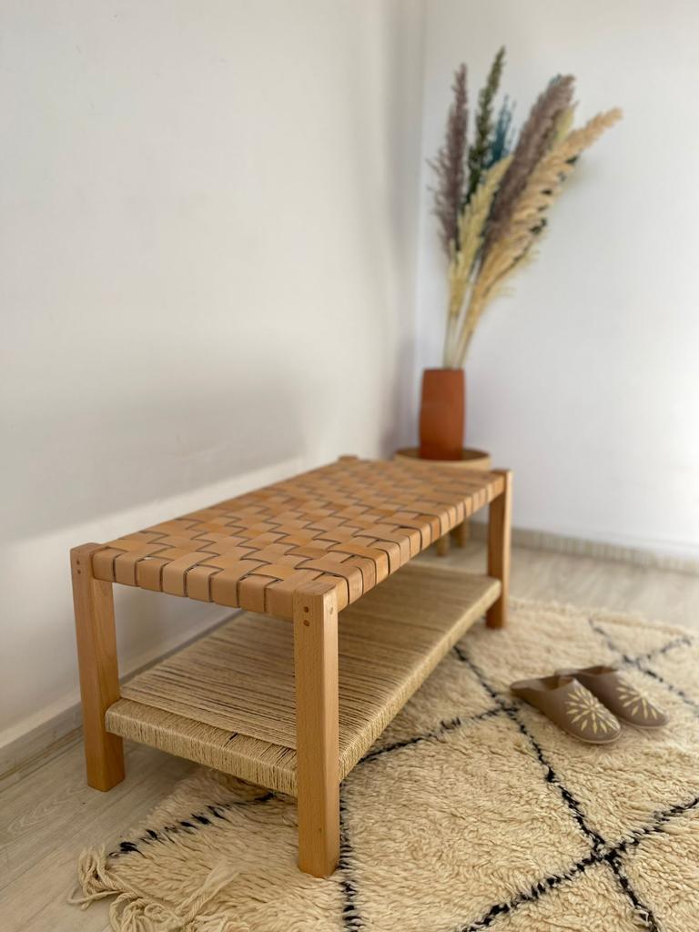 Teak Woven Leather, Benches Woven Leather Stool, Woven Natural, Leather Strap Bench, Saddle, -HANDMADE, Entryway bench, and of bed benchE