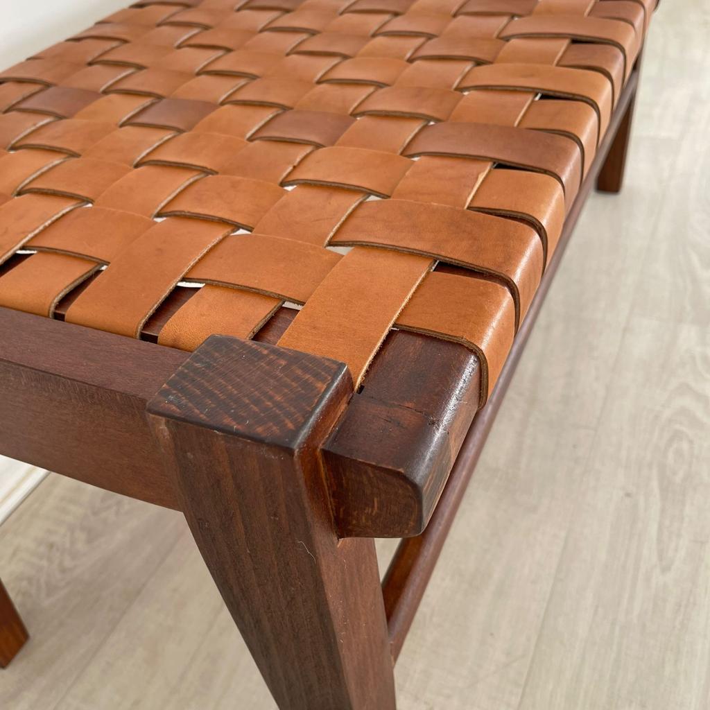 Woven Natural, Leather Strap Bench, Saddle, -HANDMADE, Entryway bench, and of bed benche, Teak Woven Leather, Benches Woven Leather Stool