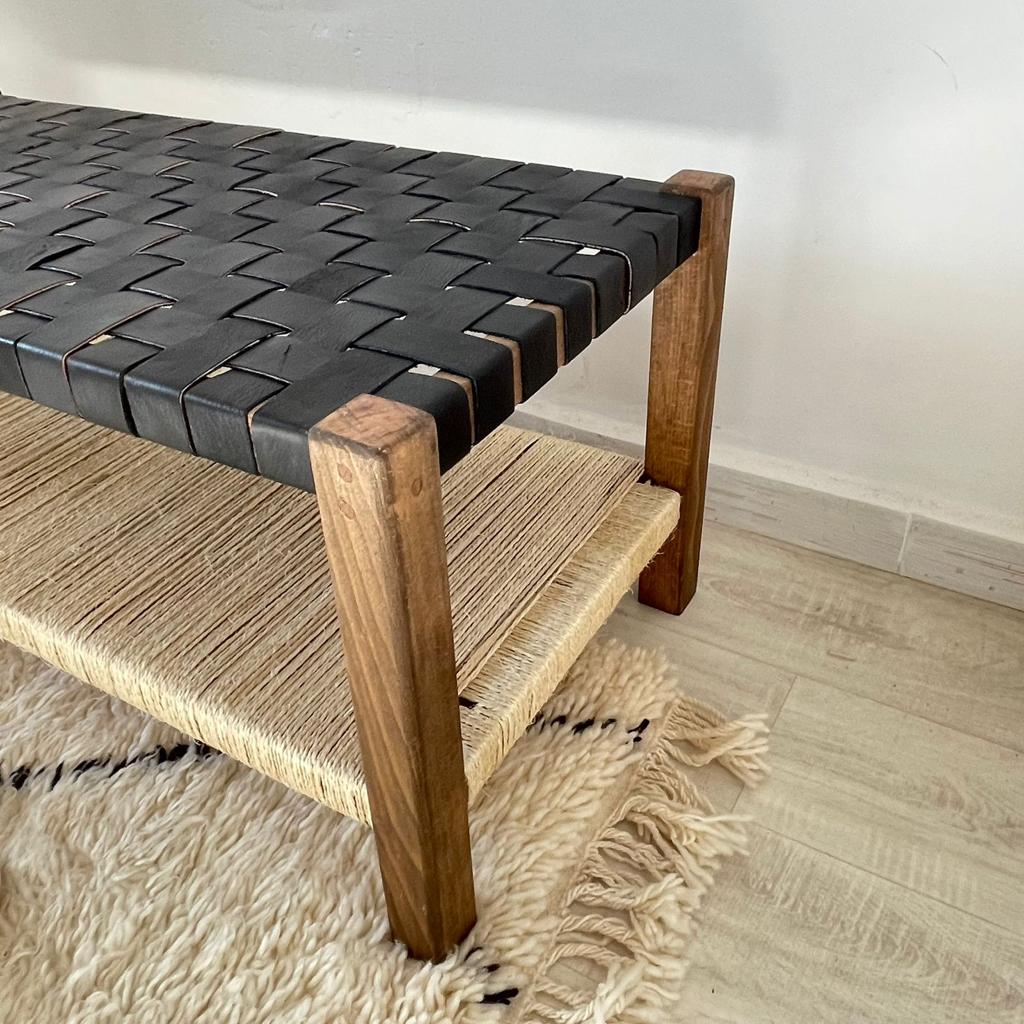 Teak Woven Leather, Benches Woven Leather Stool, Woven Natural, Leather Strap Bench, Saddle, -HANDMADE, Entryway bench, and of bed benchE