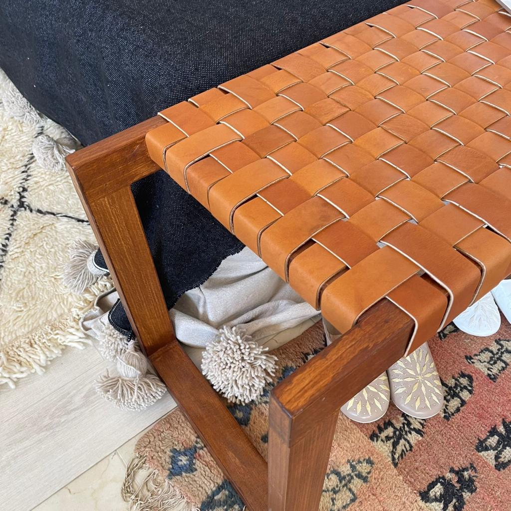 Teak Woven Leather, Benches Woven Leather Stool, Woven Natural, Leather Strap Bench, Saddle, -HANDMADE, Entryway bench, and of bed benchE