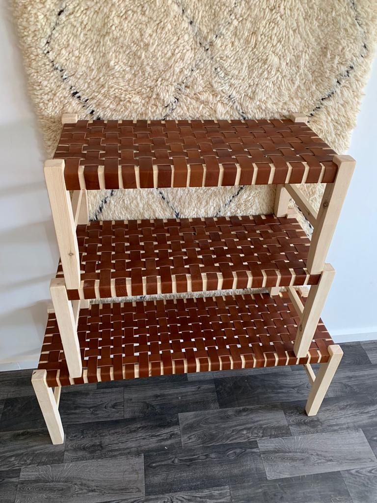 Teak Woven Leather, Benches Woven Leather Stool, Woven Natural, Leather Strap Bench, Saddle, -HANDMADE, Entryway bench, and of bed benchE
