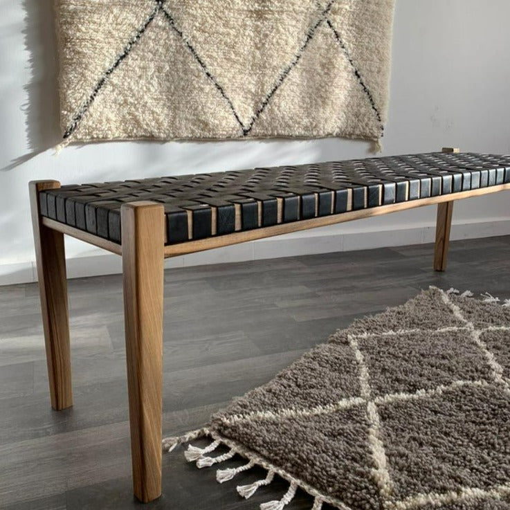 Teak Woven Leather, Benches Woven Leather Stool, Woven Natural, Leather Strap Bench, Saddle, -HANDMADE, Entryway bench, and of bed benchE