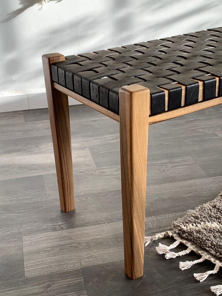 Teak Woven Leather, Benches Woven Leather Stool, Woven Natural, Leather Strap Bench, Saddle, -HANDMADE, Entryway bench, and of bed benchE