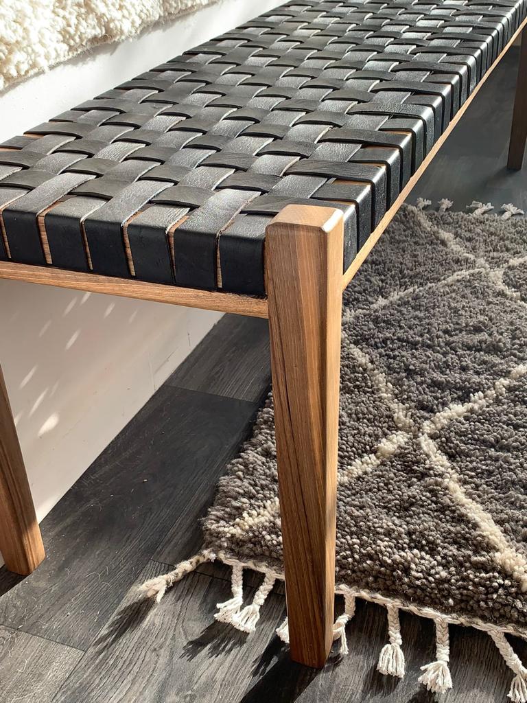 Teak Woven Leather, Benches Woven Leather Stool, Woven Natural, Leather Strap Bench, Saddle, -HANDMADE, Entryway bench, and of bed benchE