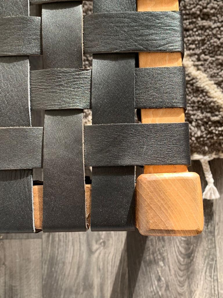 Teak Woven Leather, Benches Woven Leather Stool, Woven Natural, Leather Strap Bench, Saddle, -HANDMADE, Entryway bench, and of bed benchE