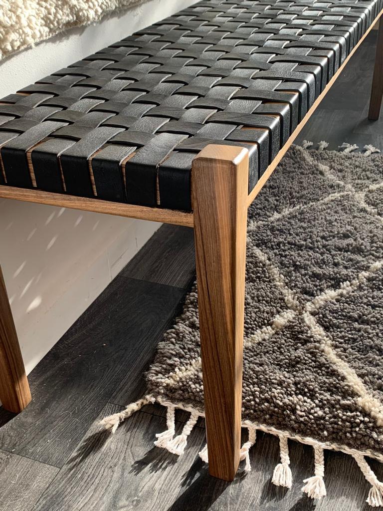 Teak Woven Leather, Benches Woven Leather Stool, Woven Natural, Leather Strap Bench, Saddle, -HANDMADE, Entryway bench, and of bed benchE