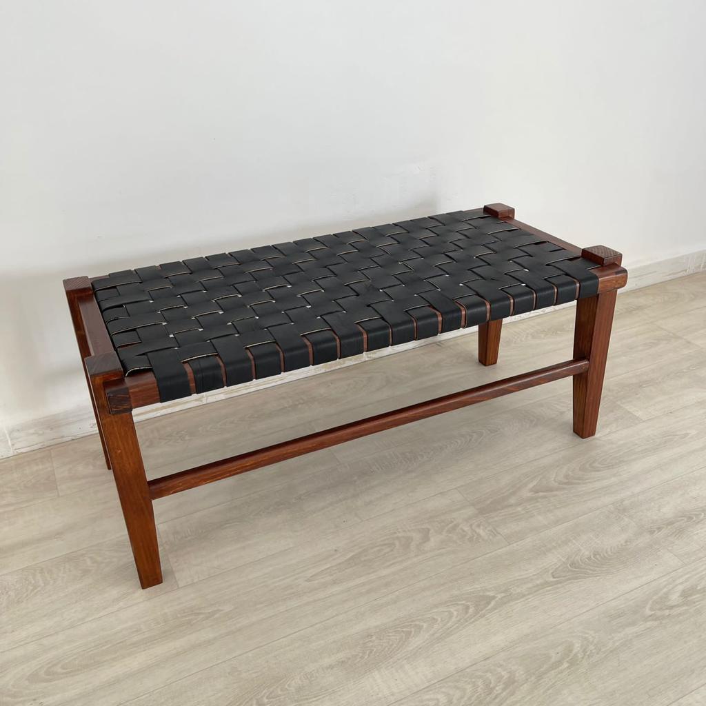 Woven Natural, Leather Strap Bench, Saddle, -HANDMADE, Entryway bench, and of bed benche, Teak Woven Leather, Benches Woven Leather Stool