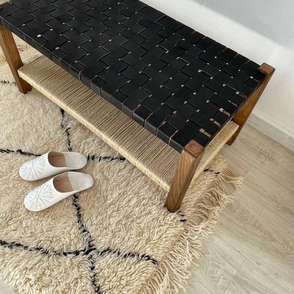 Teak Woven Leather, Benches Woven Leather Stool, Woven Natural, Leather Strap Bench, Saddle, -HANDMADE, Entryway bench, and of bed benchE