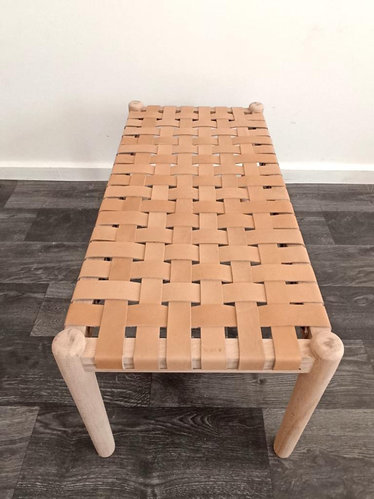 Woven Natural, Leather Strap Bench, Saddle, -HANDMADE, Entryway bench, and of bed benche, Teak Woven Leather, Benches Woven Leather Stool