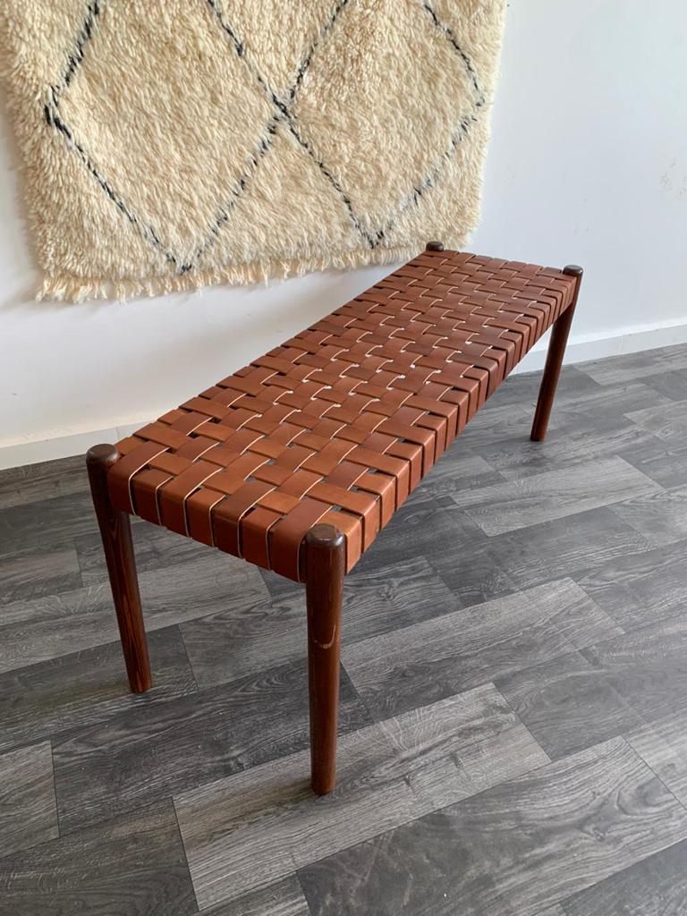 Teak Woven Leather, Benches Woven Leather Stool, Woven Natural, Leather Strap Bench, Saddle, -HANDMADE, Entryway bench, and of bed benchE