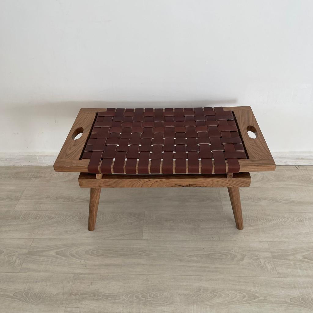 Teak Woven Leather, Benches Woven Leather Stool, Woven Natural, Leather Strap Bench, Saddle, -HANDMADE, Entryway bench, and of bed benchE