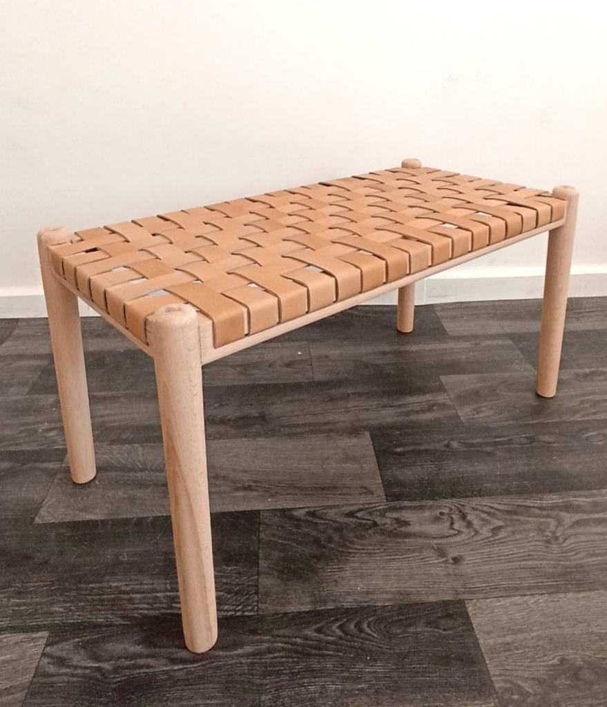 Woven Natural, Leather Strap Bench, Saddle, -HANDMADE, Entryway bench, and of bed benche, Teak Woven Leather, Benches Woven Leather Stool