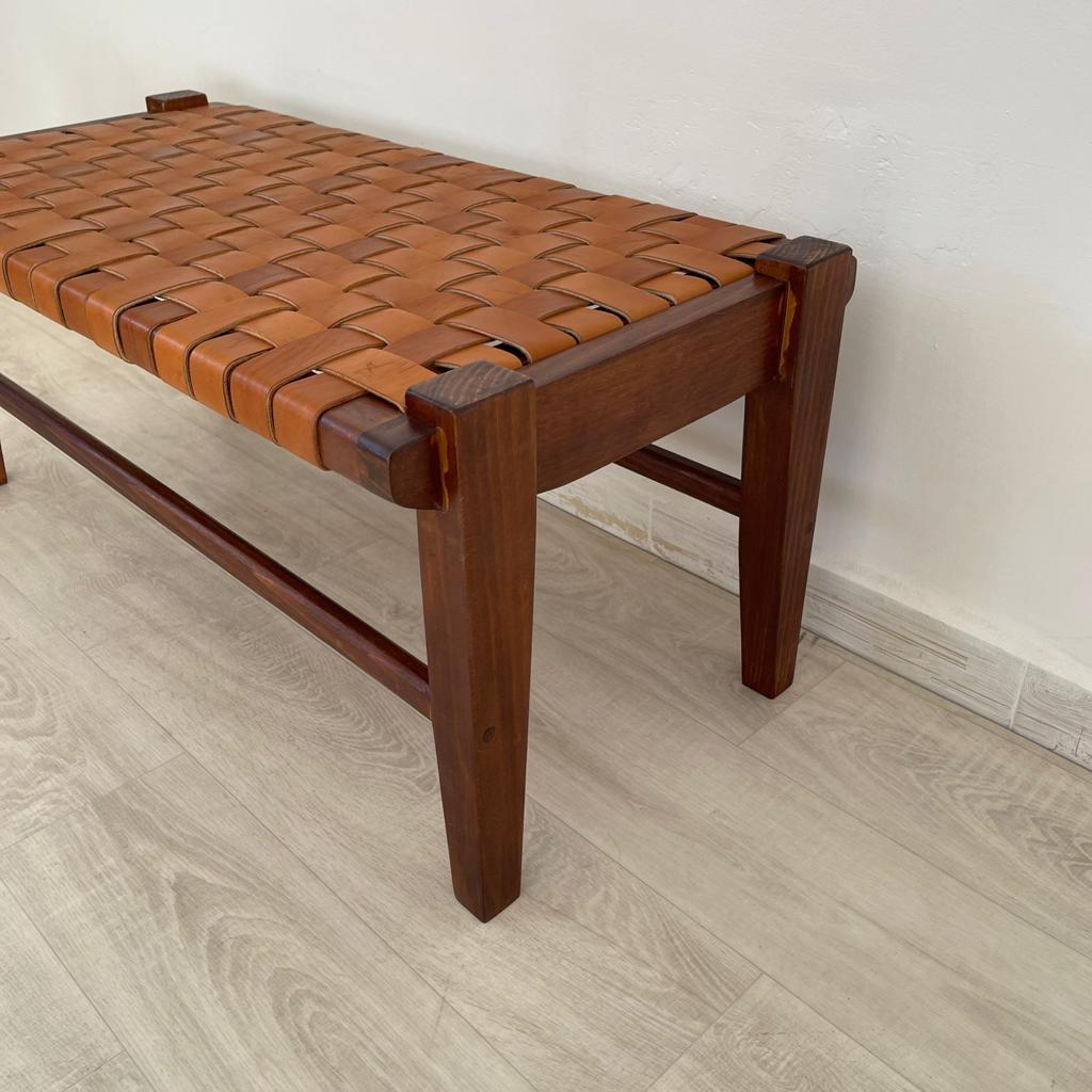 Woven Natural, Leather Strap Bench, Saddle, -HANDMADE, Entryway bench, and of bed benche, Teak Woven Leather, Benches Woven Leather Stool