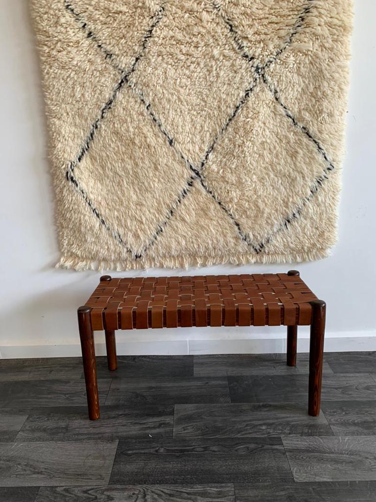 Teak Woven Leather, Benches Woven Leather Stool, Woven Natural, Leather Strap Bench, Saddle, -HANDMADE, Entryway bench, and of bed benchE