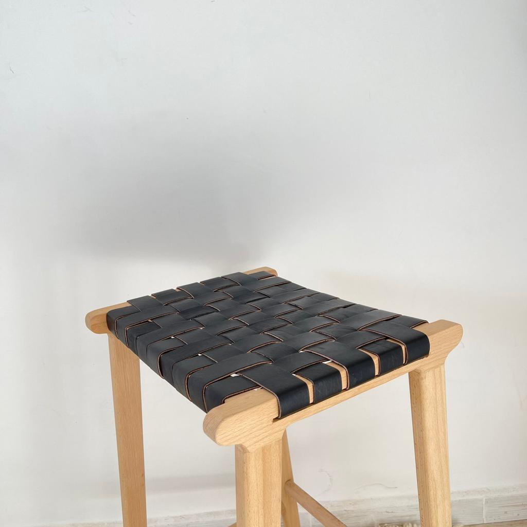 Counter Stools, Height Stool Kitchen, Saddle Seat, chair In Wood And braided Woven Leather, dining chair, bar furniture, Barstuhl Barhocker