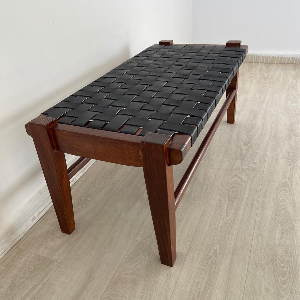 Woven Natural, Leather Strap Bench, Saddle, -HANDMADE, Entryway bench, and of bed benche, Teak Woven Leather, Benches Woven Leather Stool