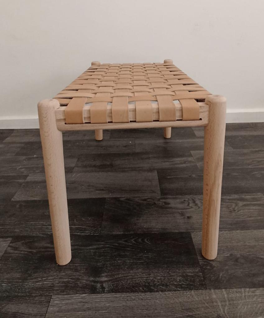 Woven Natural, Leather Strap Bench, Saddle, -HANDMADE, Entryway bench, and of bed benche, Teak Woven Leather, Benches Woven Leather Stool