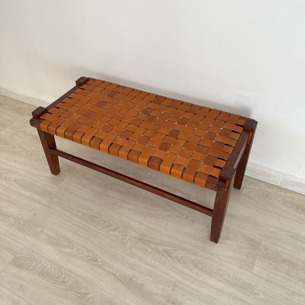Woven Natural, Leather Strap Bench, Saddle, -HANDMADE, Entryway bench, and of bed benche, Teak Woven Leather, Benches Woven Leather Stool