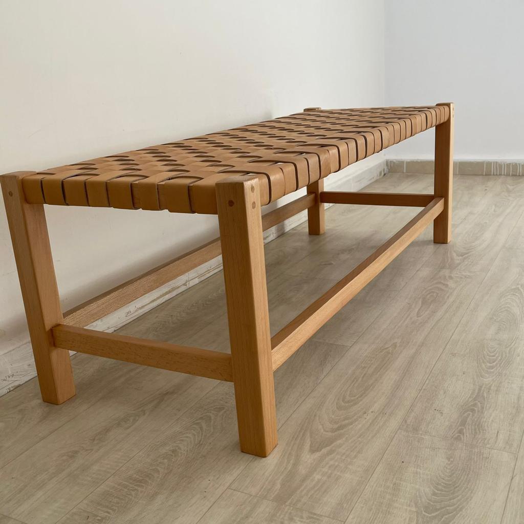 Woven Natural, Leather Strap Bench, Saddle, -HANDMADE, Entryway bench, and of bed benche, Teak Woven Leather, Benches Woven Leather Stool