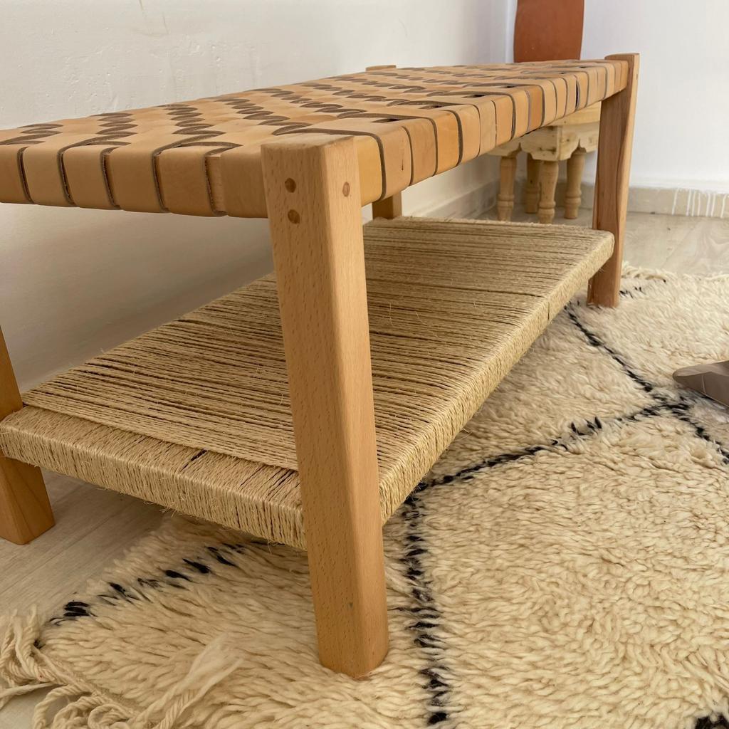 Teak Woven Leather, Benches Woven Leather Stool, Woven Natural, Leather Strap Bench, Saddle, -HANDMADE, Entryway bench, and of bed benchE