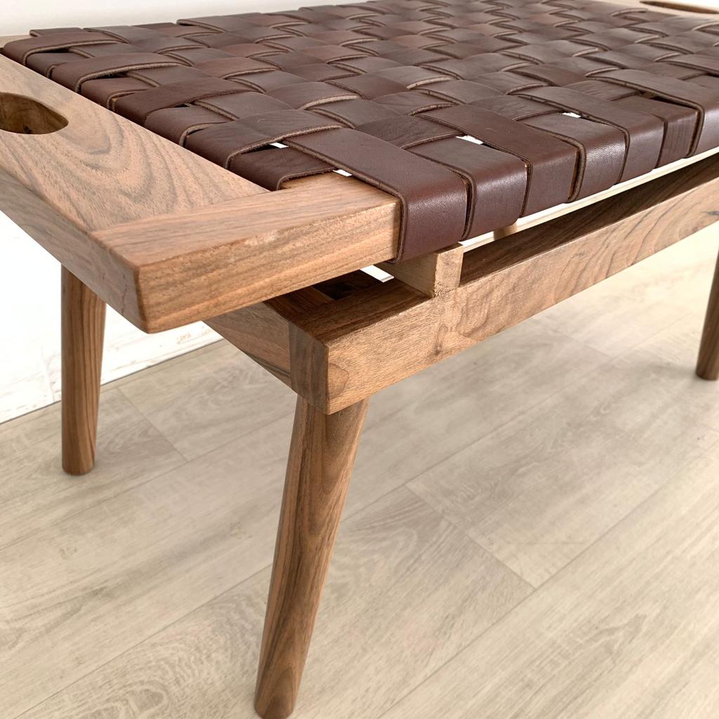 Teak Woven Leather, Benches Woven Leather Stool, Woven Natural, Leather Strap Bench, Saddle, -HANDMADE, Entryway bench, and of bed benchE