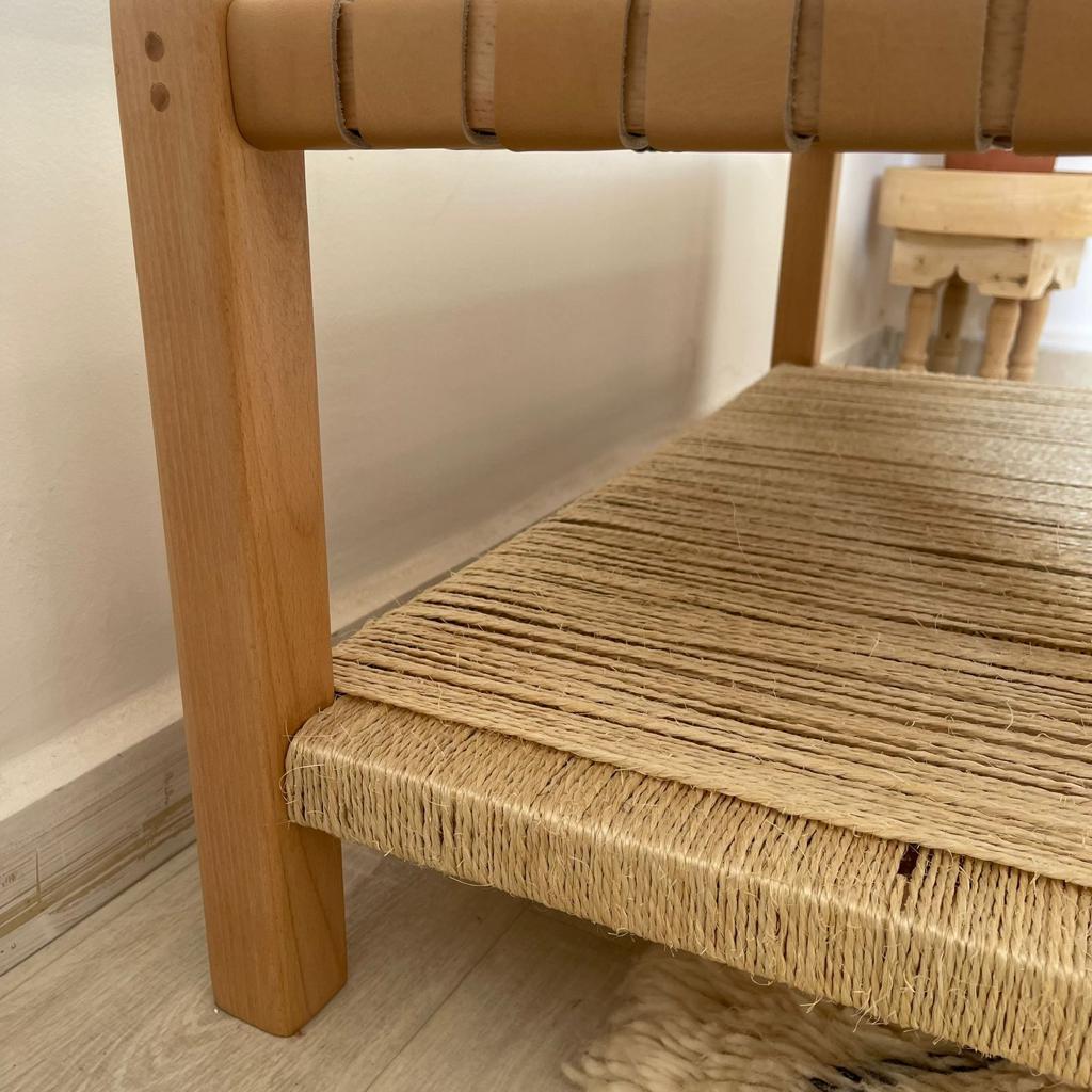 Teak Woven Leather, Benches Woven Leather Stool, Woven Natural, Leather Strap Bench, Saddle, -HANDMADE, Entryway bench, and of bed benchE