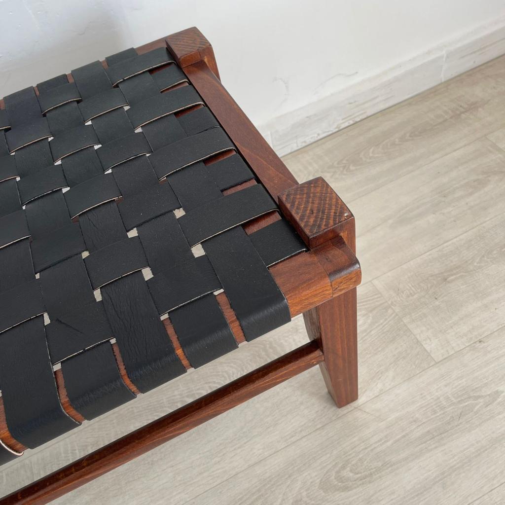 Woven Natural, Leather Strap Bench, Saddle, -HANDMADE, Entryway bench, and of bed benche, Teak Woven Leather, Benches Woven Leather Stool