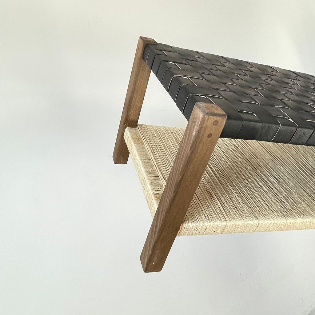 Teak Woven Leather, Benches Woven Leather Stool, Woven Natural, Leather Strap Bench, Saddle, -HANDMADE, Entryway bench, and of bed benchE