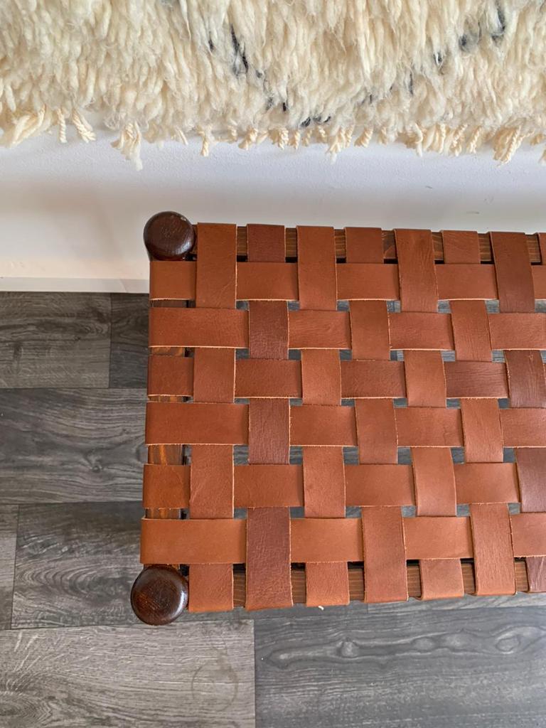 Teak Woven Leather, Benches Woven Leather Stool, Woven Natural, Leather Strap Bench, Saddle, -HANDMADE, Entryway bench, and of bed benchE