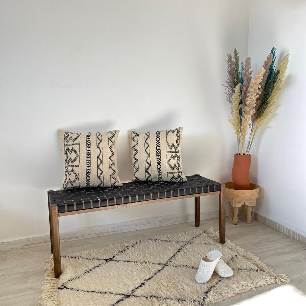 Woven Natural, Leather Strap Bench, Saddle, -HANDMADE, Entryway bench, and of bed benche, Teak Woven Leather, Benches Woven Leather Stool