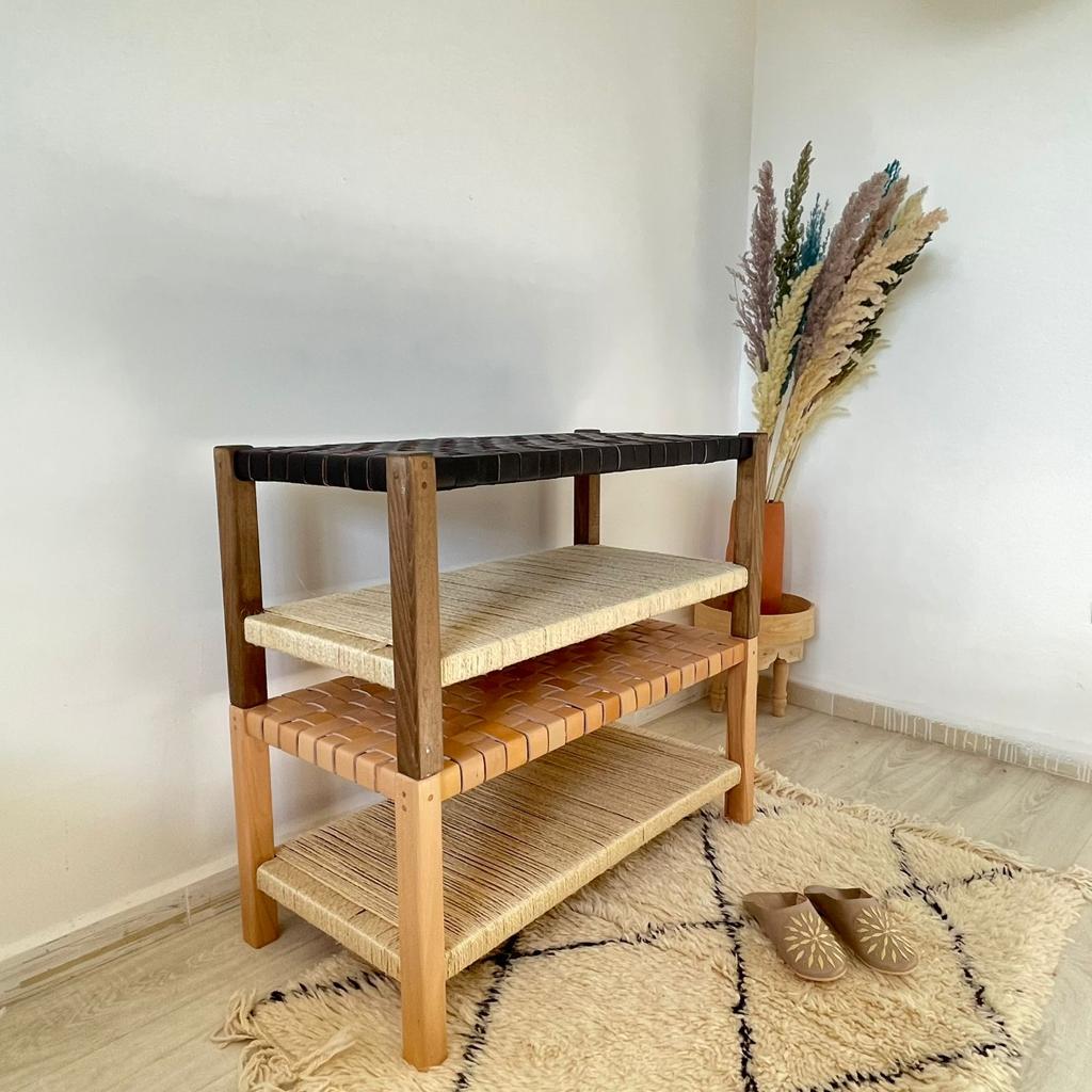 Teak Woven Leather, Benches Woven Leather Stool, Woven Natural, Leather Strap Bench, Saddle, -HANDMADE, Entryway bench, and of bed benchE