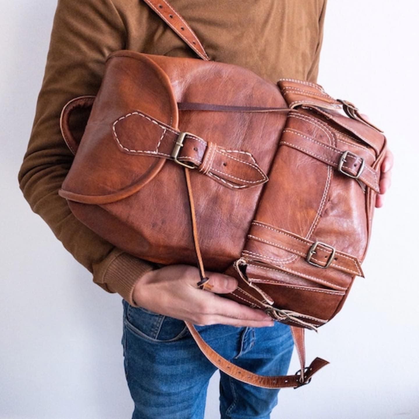 MoroccanLeatherBackpack-Handmade Leather Backpack Traditional Moroccan Backpack Crafted Backpack Leather Knapsack Bohemian Leather Bag 11