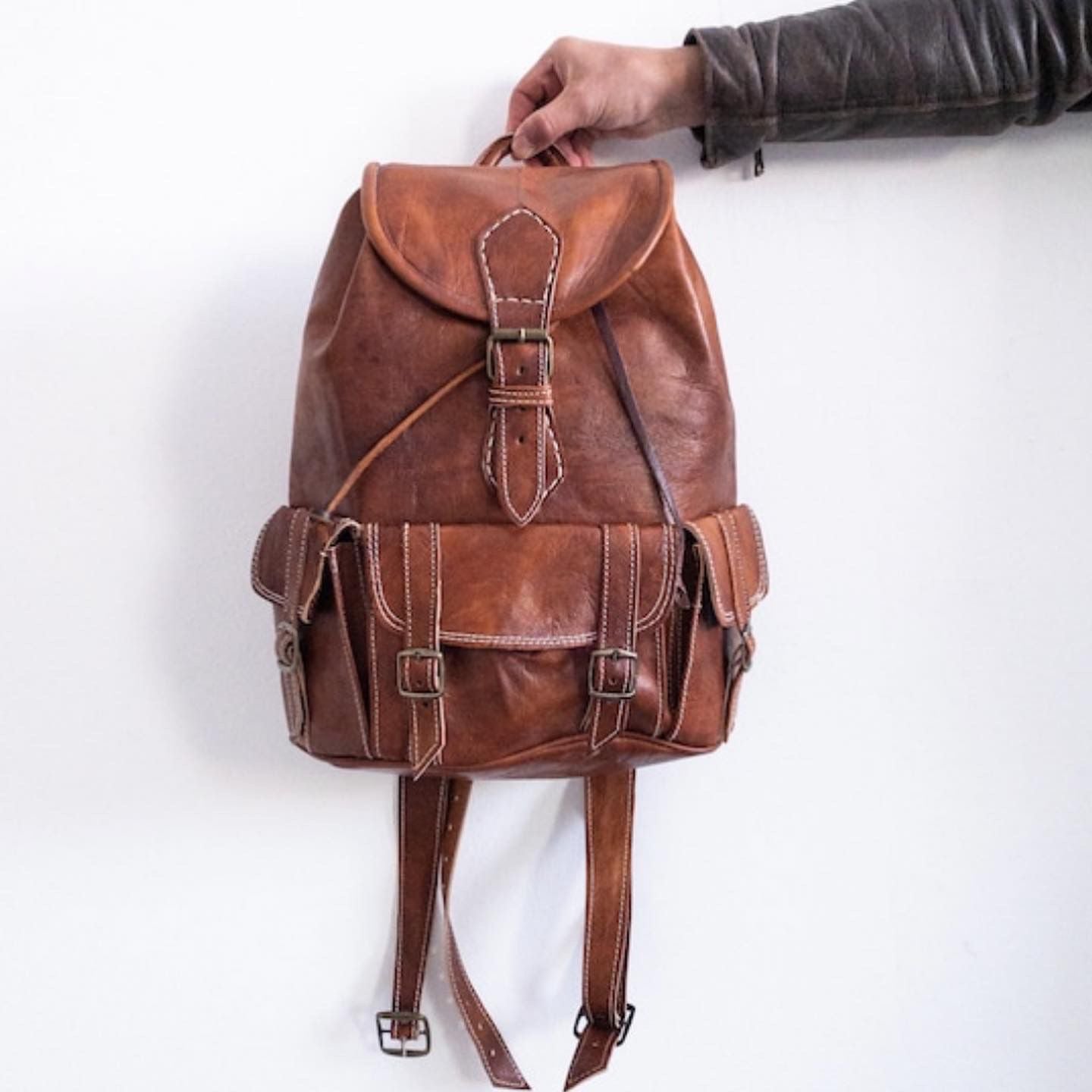 MoroccanLeatherBackpack-Handmade Leather Backpack Traditional Moroccan Backpack Crafted Backpack Leather Knapsack Bohemian Leather Bag 9