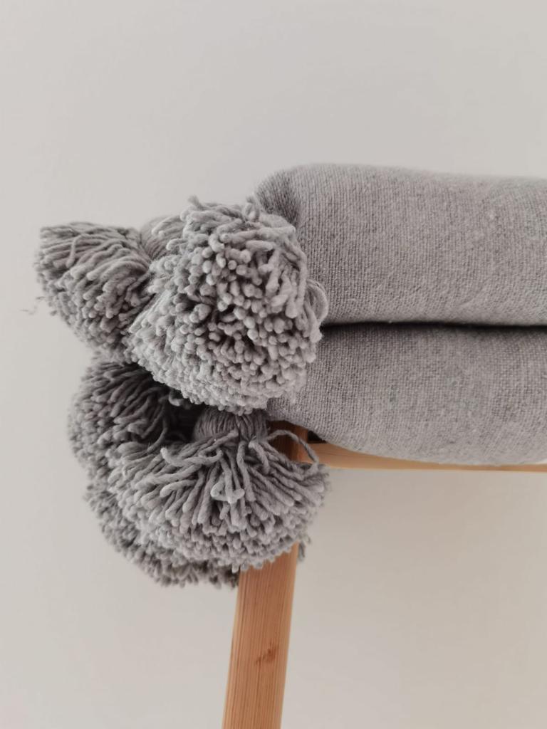 Pom Pom Blanket, moroccan bedding , Pom Pom throw, must have, handwoven blanket, Cotton blanket, moroccan throw blanket
