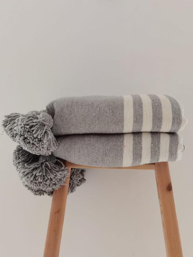 Pom Pom Blanket, moroccan bedding , Pom Pom throw, must have, handwoven blanket, Cotton blanket, moroccan throw blanket