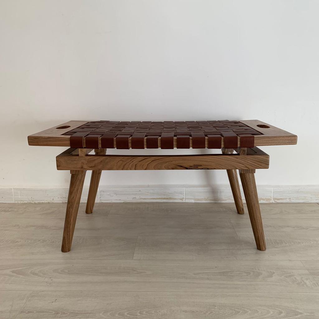 Teak Woven Leather, Benches Woven Leather Stool, Woven Natural, Leather Strap Bench, Saddle, -HANDMADE, Entryway bench, and of bed benchE