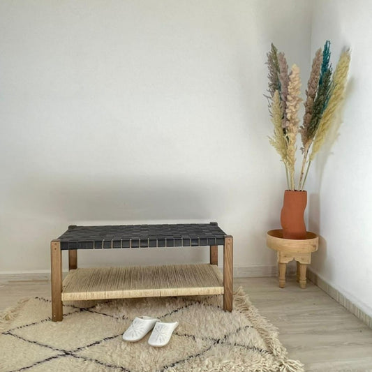 Teak Woven Leather, Benches Woven Leather Stool, Woven Natural, Leather Strap Bench, Saddle, -HANDMADE, Entryway bench, and of bed benchE
